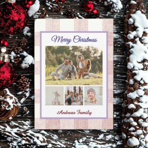 Rustic Gingham 4 Photo Collage Merry Christmas Holiday Postcard