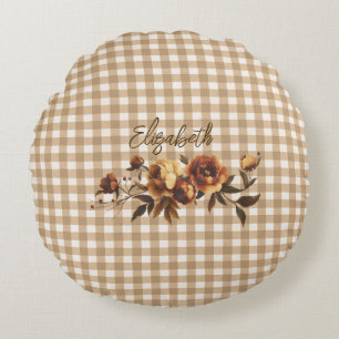 Rustic Gingham Autumn Floral Personalised Round Cushion