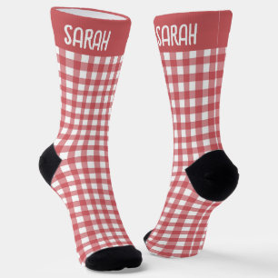 Rustic Gingham Custom Name on Red and White Plaid Socks