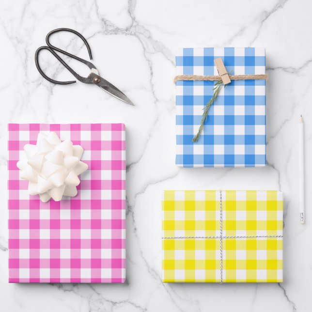 Rustic Gingham Pink Blue Yellow Pattern Wrapping Paper Sheet (Front)