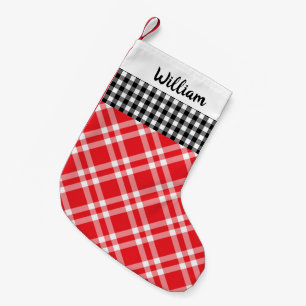 Rustic Gingham Plaid Black&Red custom name Small Christmas Stocking