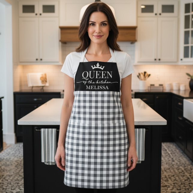 Rustic Gingham Queen of the Kitchen Apron (elegant black and white gingham Queen of the Kitchen apron, christmas or birthday gift for mom)