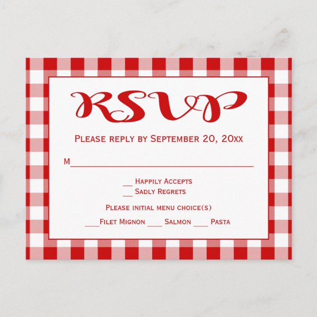 Rustic Gingham RSVP Wedding Red And White Checks Invitation Postcard (Front)