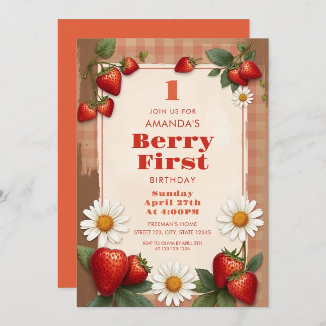 Rustic Gingham Strawberries Daisie 1st Birthday Invitation (Front/Back)