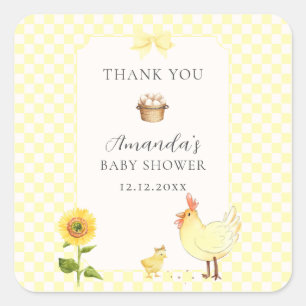 Rustic Gingham Sunflower Chicken Baby Shower Square Sticker