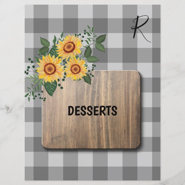 Rustic gingham sunflowers recipe organiser divider (Front)