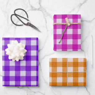 Rustic Gingham Tartan Plaid Orange Purple Pink Wrapping Paper Sheet