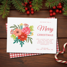 Rustic Gingham Watercolour Florals Merry Christmas