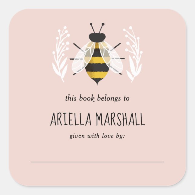 Rustic Girl Baby Bee Baby Custom Book Plate Square Sticker (Front)