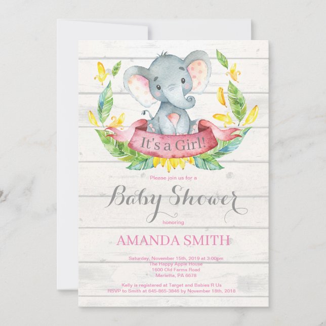 Rustic Girl Elephant Baby Shower Invitation Pink (Front)