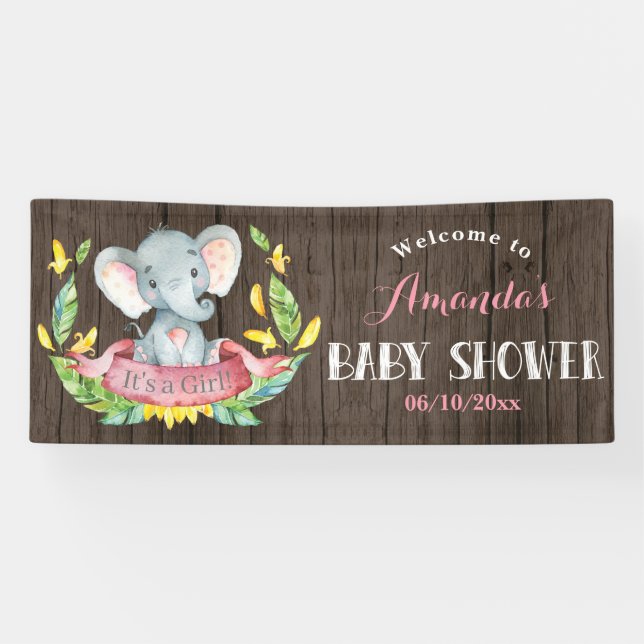 Rustic Girl Elephant Baby Shower Pink and Grey Banner (Horizontal)