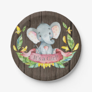 Rustic Girl Elephant Baby Shower Pink Paper Plate