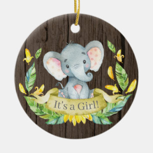 Rustic Girl Elephant Baby Shower Yellow Ceramic Ornament