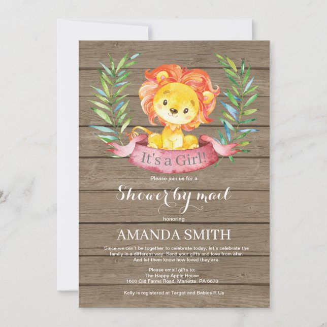 Rustic Girl Lion Baby Shower by Mail Invitation (Front)