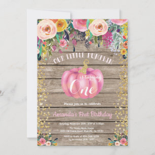 Rustic Girl Pumpkin First Birthday Floral Gold Invitation