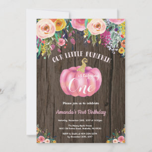 Rustic Girl Pumpkin First Birthday Floral Gold Invitation