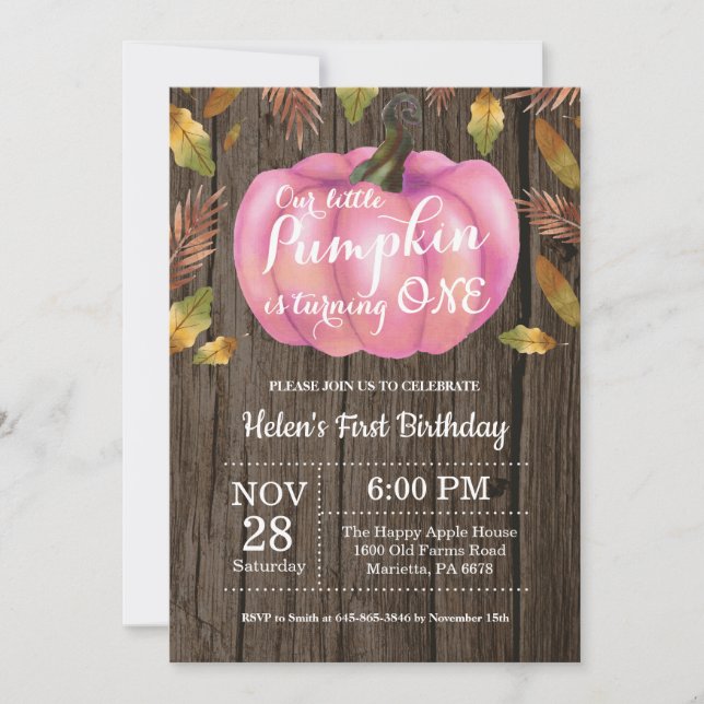 Rustic Girl Pumpkin First Birthday Invitation Pink (Front)