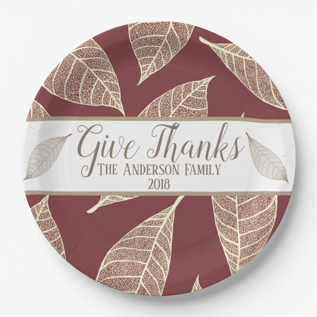 Rustic Give Thanks Cream Leaves & Pear Red Paper Plate (Front)