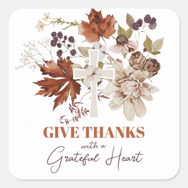 Rustic Give Thanks Fall Floral Square Sticker (Front)