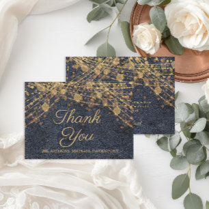Rustic Glam Blue Gold String Lights Wedding  Thank You Card