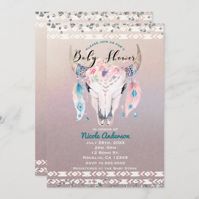 Rustic Glam Boho Floral Cow Skull Baby Shower Invitation (Front/Back)