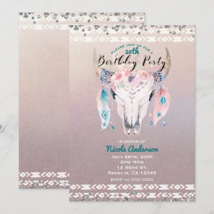Rustic Glam Boho Floral Cow Skull Birthday Party Invitation