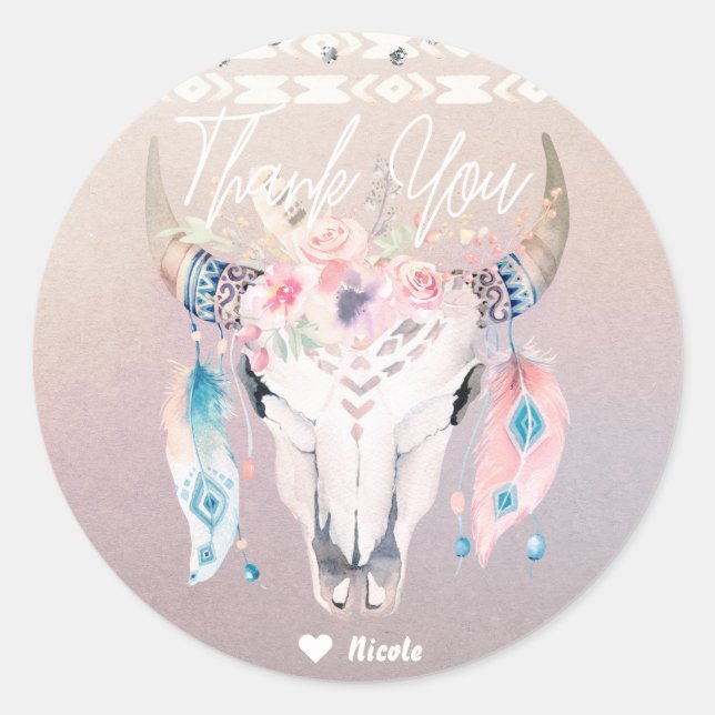 Rustic Glam Boho Floral Cow Skull Chic Party Favou Classic Round Sticker (Front)