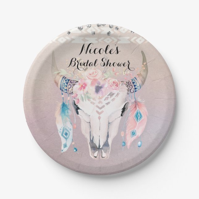 Rustic Glam Boho Floral Cow Skull Chic Party Paper Plate (Front)