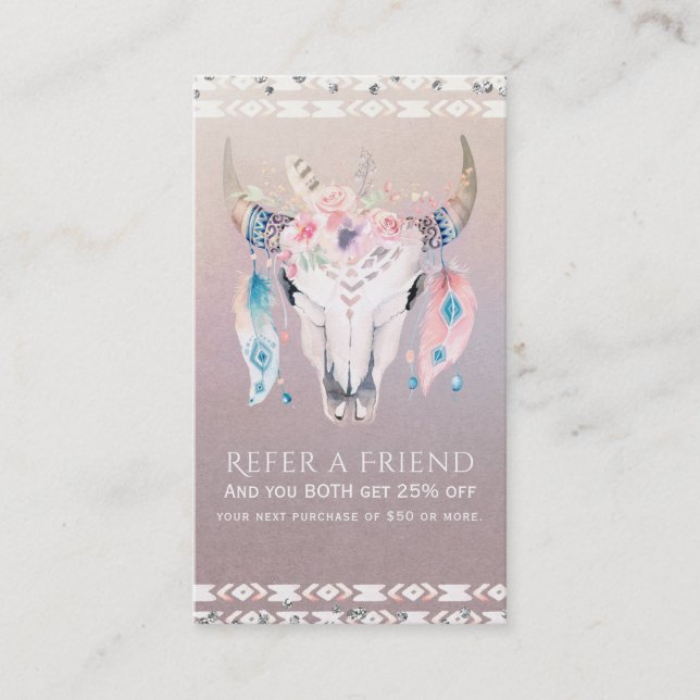 Rustic Glam Boho Floral Cow Skull Refer a Friend Referral Card (Front)