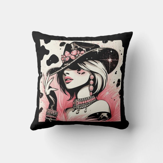 Rustic Glam Cowgirl Pink Sparkle Cowhide Print Cushion (Back)