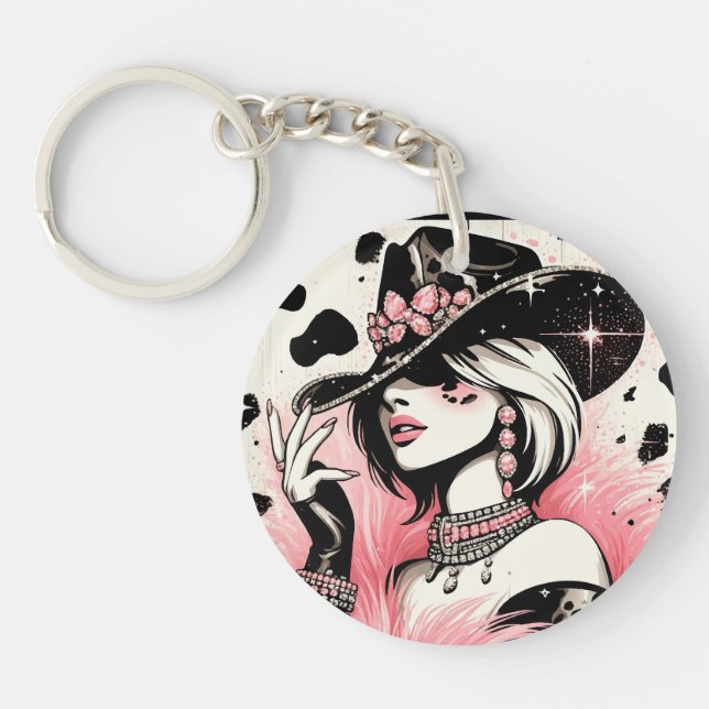 Rustic Glam Cowgirl Pink Sparkle Cowhide Print Key Ring (Front)