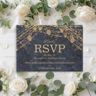 Rustic Glam Denim Blue Gold String Lights Wedding RSVP Card