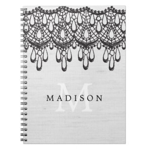Rustic Glam Grey Linen and Black Lace Monogram Notebook