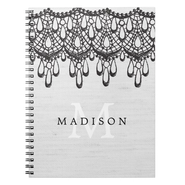 Rustic Glam Grey Linen and Black Lace Monogram Notebook (Front)