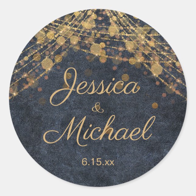 Rustic Glam Navy Blue Gold Script Wedding Classic Round Sticker (Front)