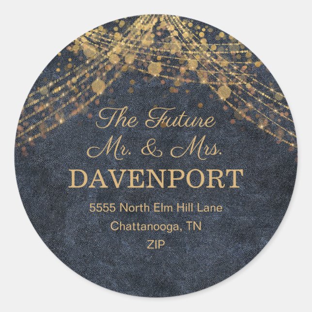 Rustic Glam Navy Blue Gold String Lights  Classic Round Sticker (Front)