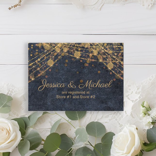 Rustic Glam Navy Blue Gold Wedding Registry Enclosure Card (Rustic chic navy blue and gold string lights wedding registry enclosure card)