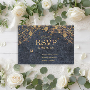 Rustic Glam Navy Blue Gold Wedding RSVP Card