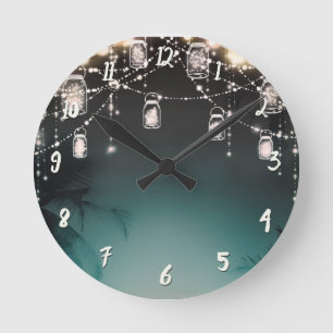 Rustic Glam Palm Trees & Mason Jar Lights Round Clock