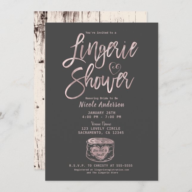 Rustic Glam Rose Gold Pink Grey Lingerie Shower  Invitation (Front/Back)