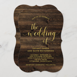 Rustic Glam   Wood and Faux Gold Look Wedding Invitation