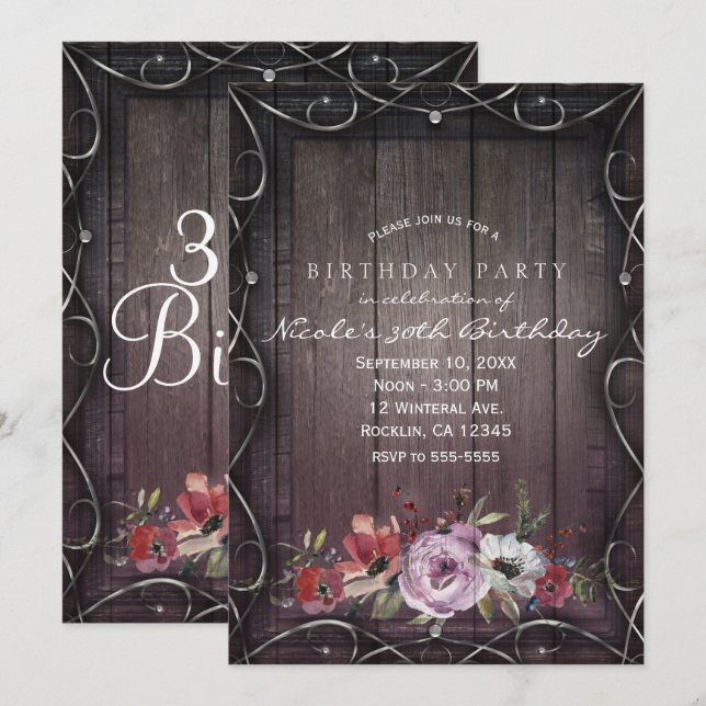 Rustic Glamour Barn Wood & Floral Birthday Party Invitation (Front/Back)
