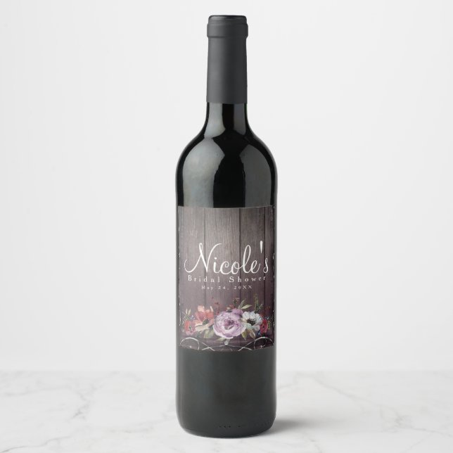 Rustic Glamour Barn Wood Flourish & Floral Wine Label (Front)