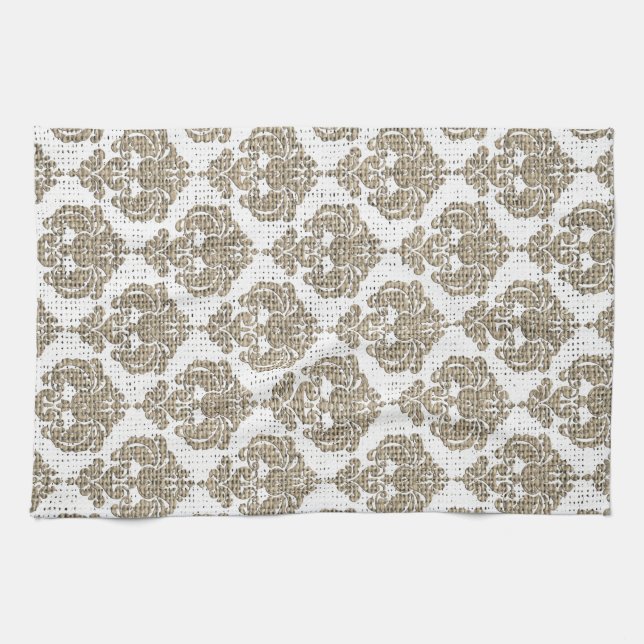 Rustic Glamour Burlap Royal Damask Chic Modern Tea Towel (Horizontal)