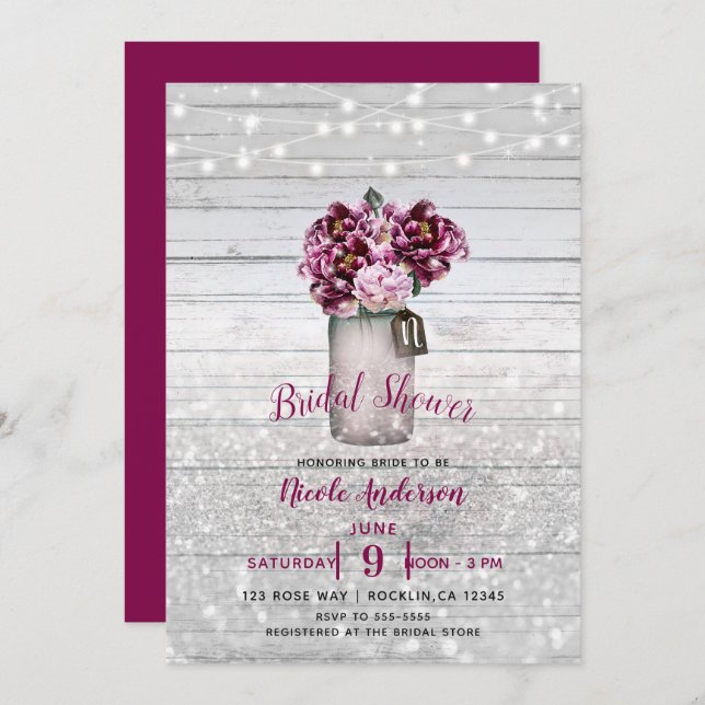 Rustic Glamour Wood & Burgundy Mason Jar Flowers Invitation (Front/Back)
