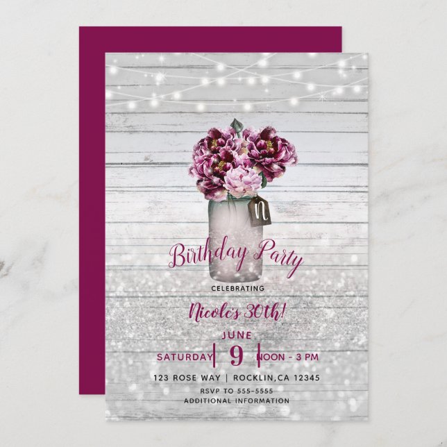 Rustic Glamour Wood & Burgundy Mason Jar Flowers Invitation (Front/Back)