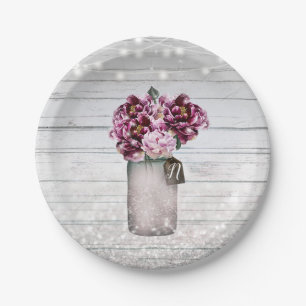 Rustic Glamour Wood & Burgundy Mason Jar Flowers Paper Plate