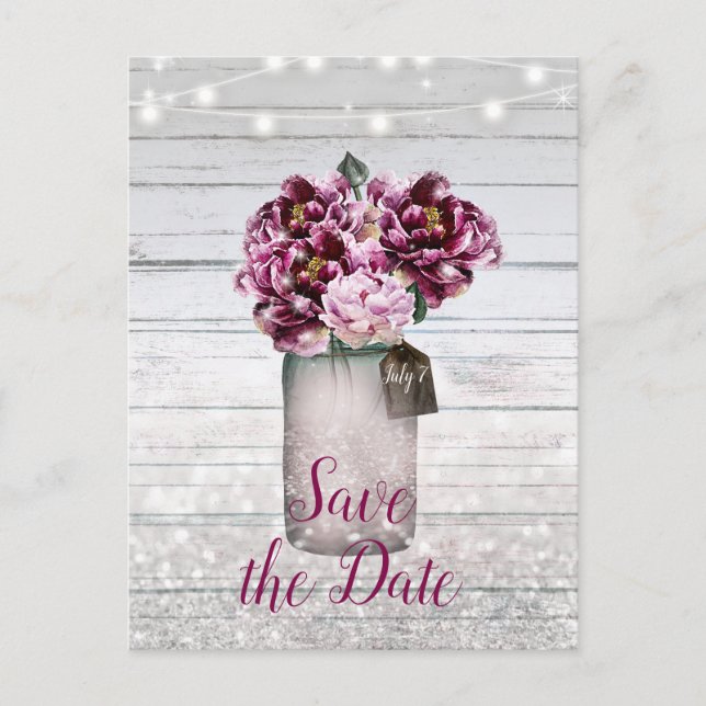 Rustic Glamour Wood Burgundy Mason Jar Save Date Announcement Postcard (Front)