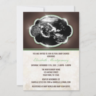 Rustic Glitter Green Sonogram Baby Shower Invitation
