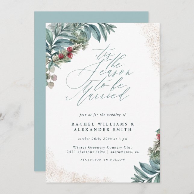 Rustic Glitter Greenery Tis The Season Wedding Invitation (Front/Back)